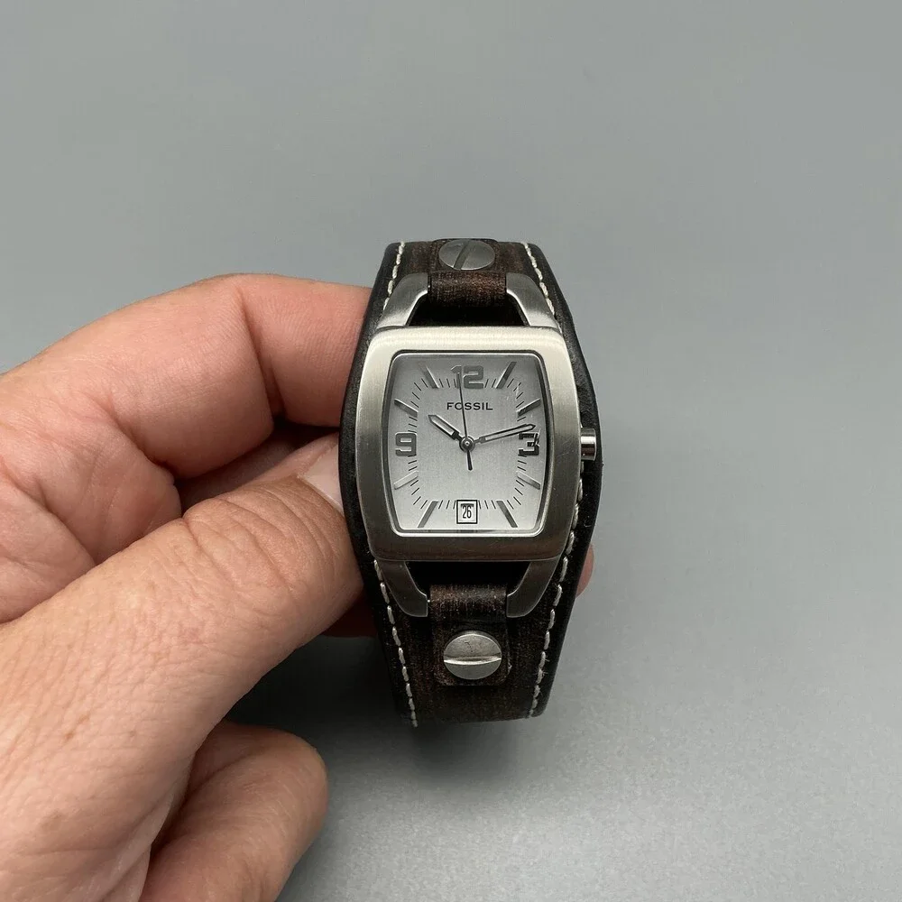 Fossil JR-8130 Mens Watch 25mm Silver Dial Brown Leather Bund Date New Battery